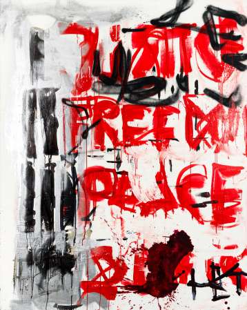 ter Hell · <strong>Justice Freedom Peace Love</strong> · 2018 · 210 x 170 cm · acrylic on canvas